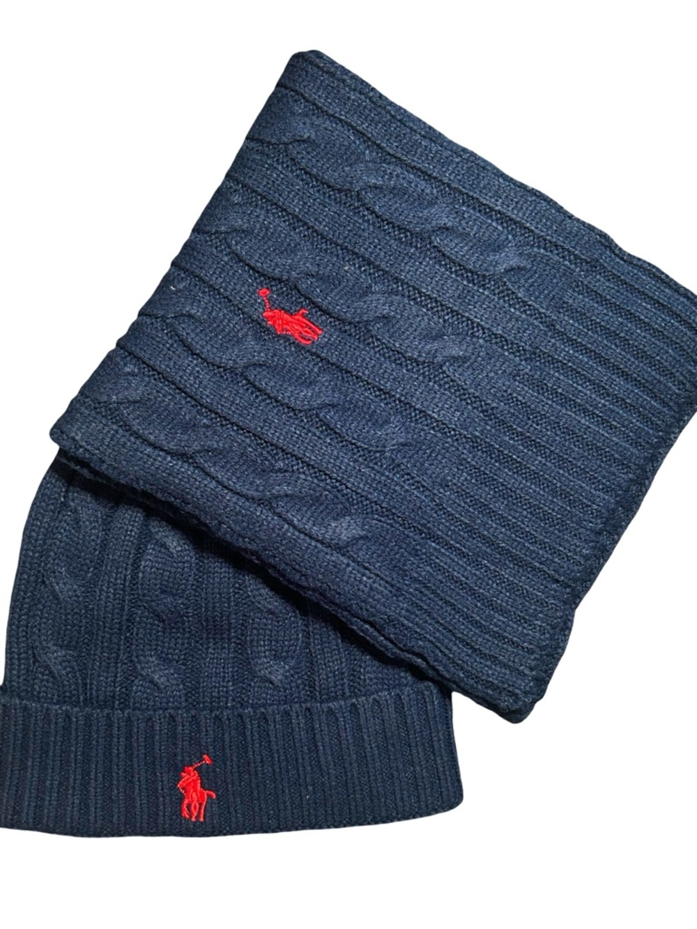 Ralph Lauren Navy Cable Knit Beanie & Scarf Set with Red Polo Emblem